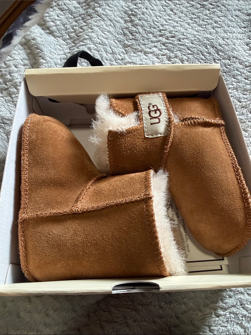 UGG Chestnut Suede Baby Booties with Shearling Trim